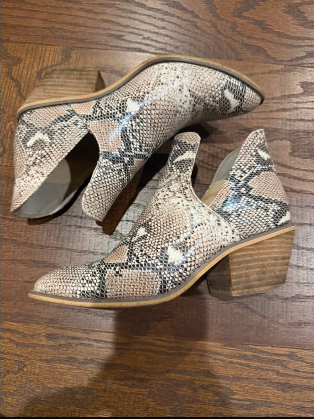 Nature Breeze Snake-Print Cutout Ankle Booties in Beige and Taupe